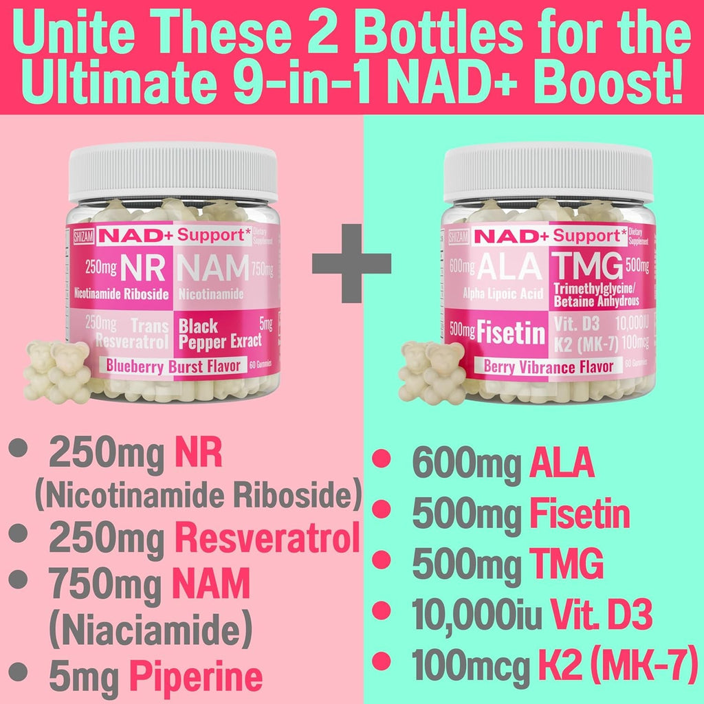 SHIZAM Nicotinamide Riboside NR NAM Resveratrol Gummies, 1000Mg NAD+ NAD + plus Nrf2 Activator Booster W Pure Niacinamide Vitamins B3 Capsules Pills Powder Supplements Alt NDA Regenerator 500Mg