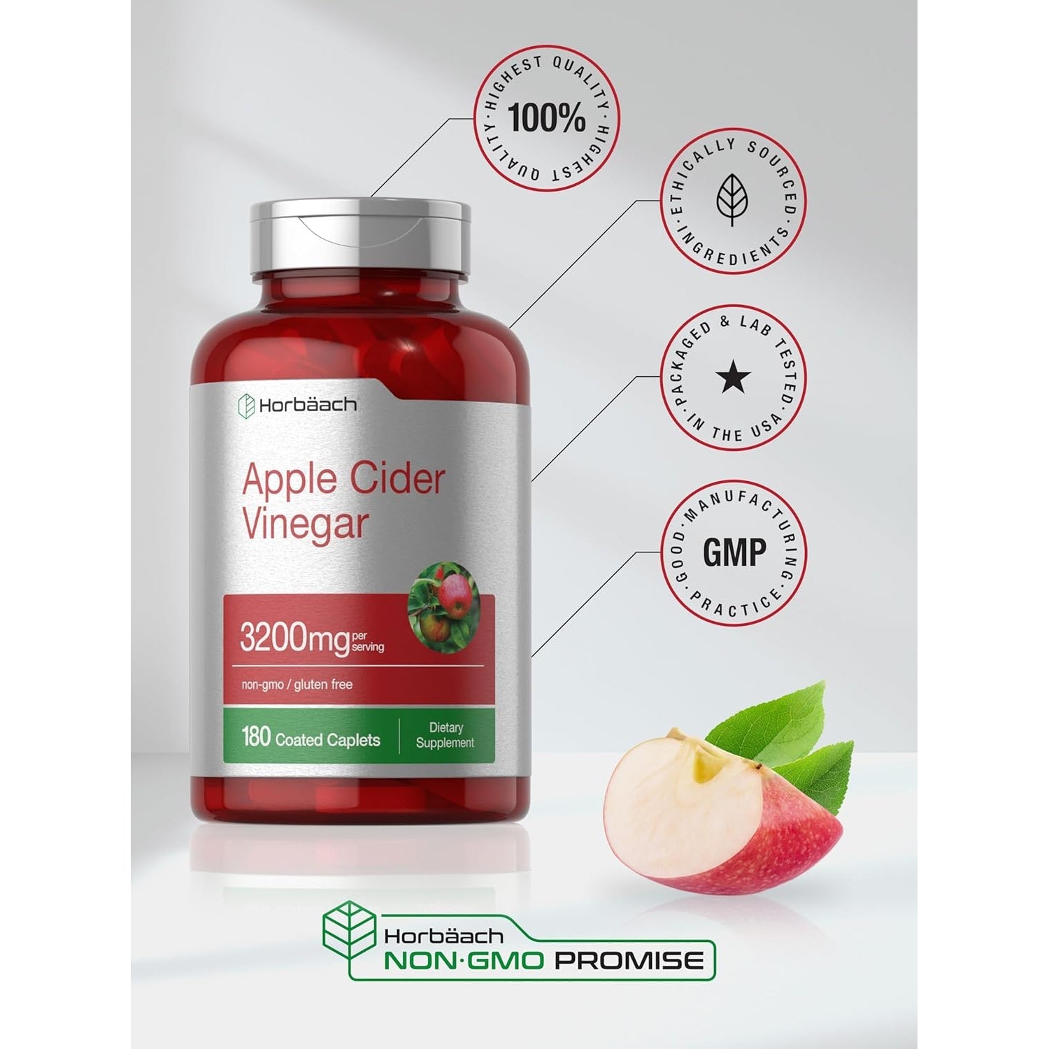 Horbäach Apple Cider Vinegar Caplets 3200Mg | 180 Pills | Vegetarian, Non-Gmo & Gluten Free Supplement