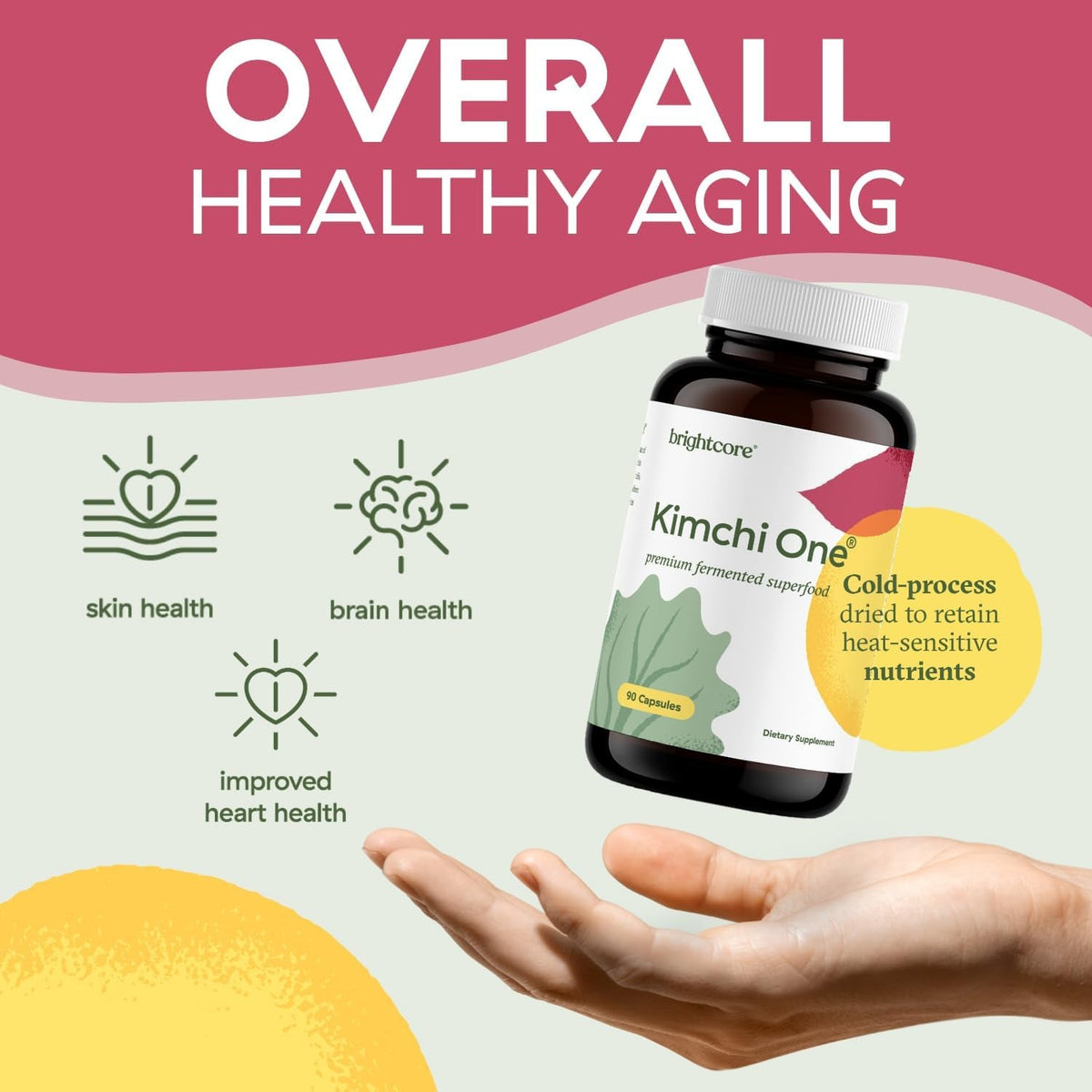 Brightcore Nutrition - Kimchi One, Kimchi Powder Capsules, Probiotics, Enzymes, & Antioxidant Supplement, Premium Gut Health Superfood for Overall Well Being, Gluten-Free, 90 Vegan Capsules