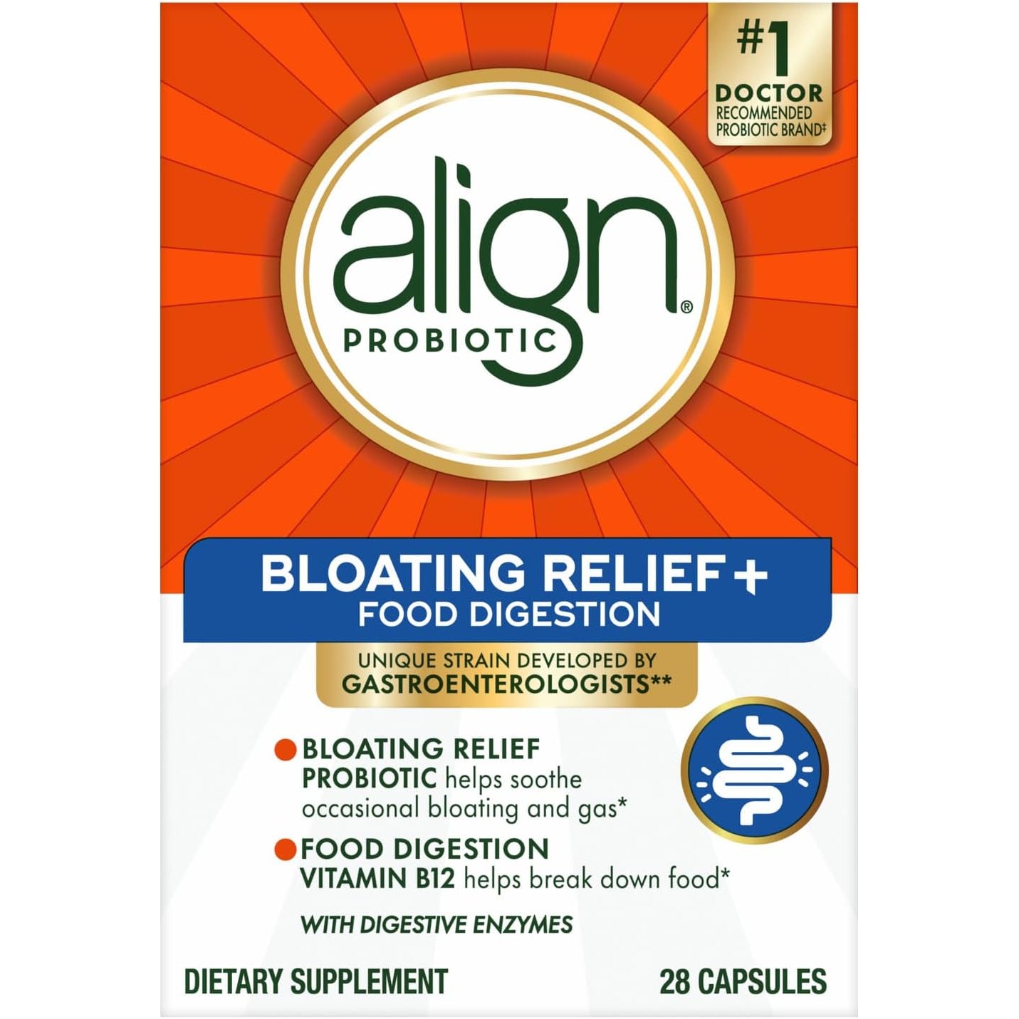 Align Probiotic Bloating Relief + Food Digestion, Probiotics for Women and Men, #1 Doctor Recommended Brand‡, Promotes Digestive Health and Helps Support the Metabolism of Food*, 28 Capsules