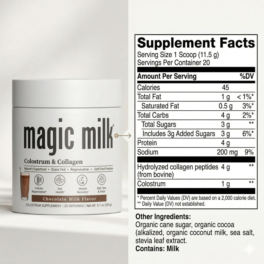 Magic Milk | Grass- Fed Colostrum | Chocolate Milk Flavor | Supports Immunity & Muscle Recovery | Gut Health Superfood | Nutrients for Skin & Hair Health | Bovine Colostrum & Collagen | | 20 Servings