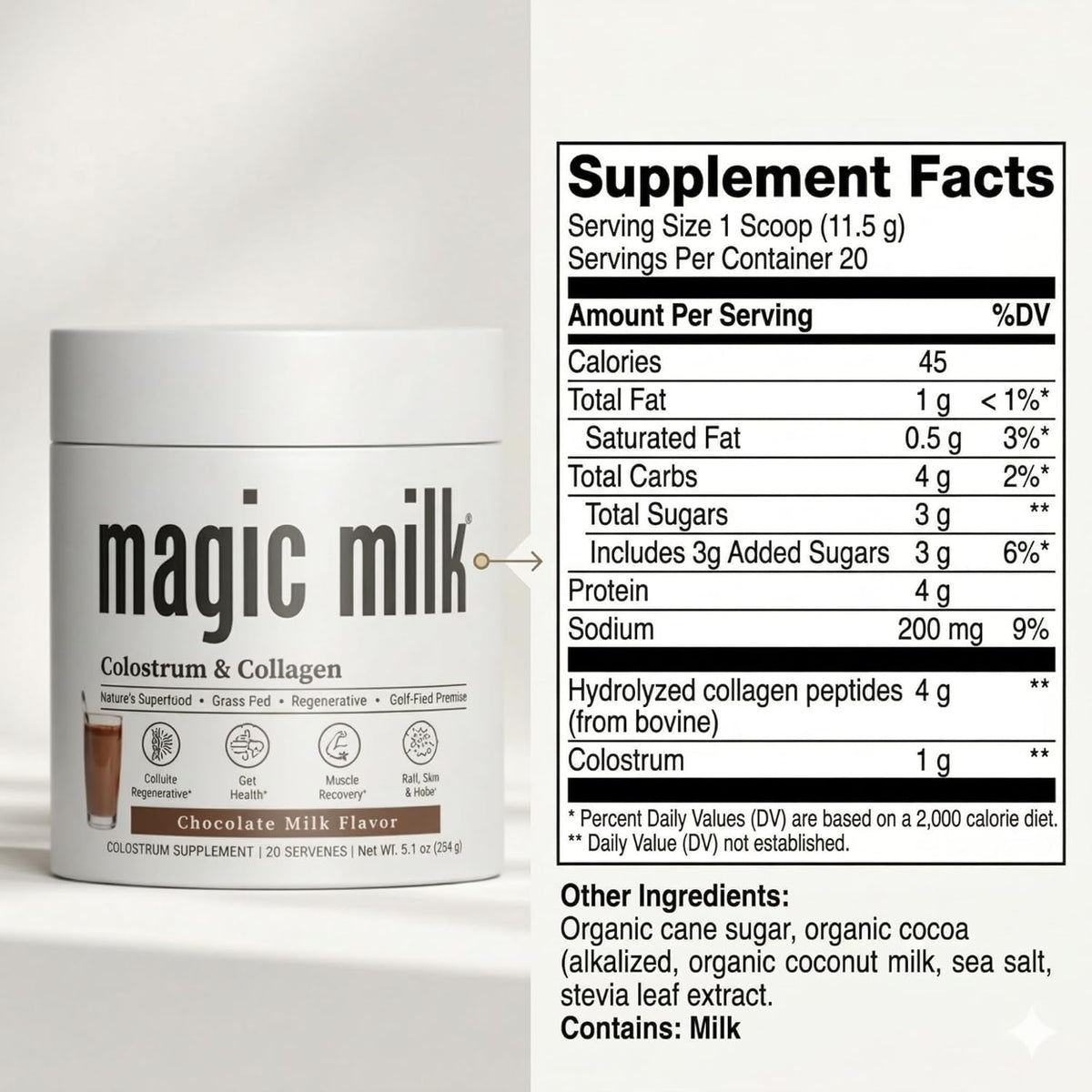 Magic Milk | Grass- Fed Colostrum | Chocolate Milk Flavor | Supports Immunity & Muscle Recovery | Gut Health Superfood | Nutrients for Skin & Hair Health | Bovine Colostrum & Collagen | | 20 Servings