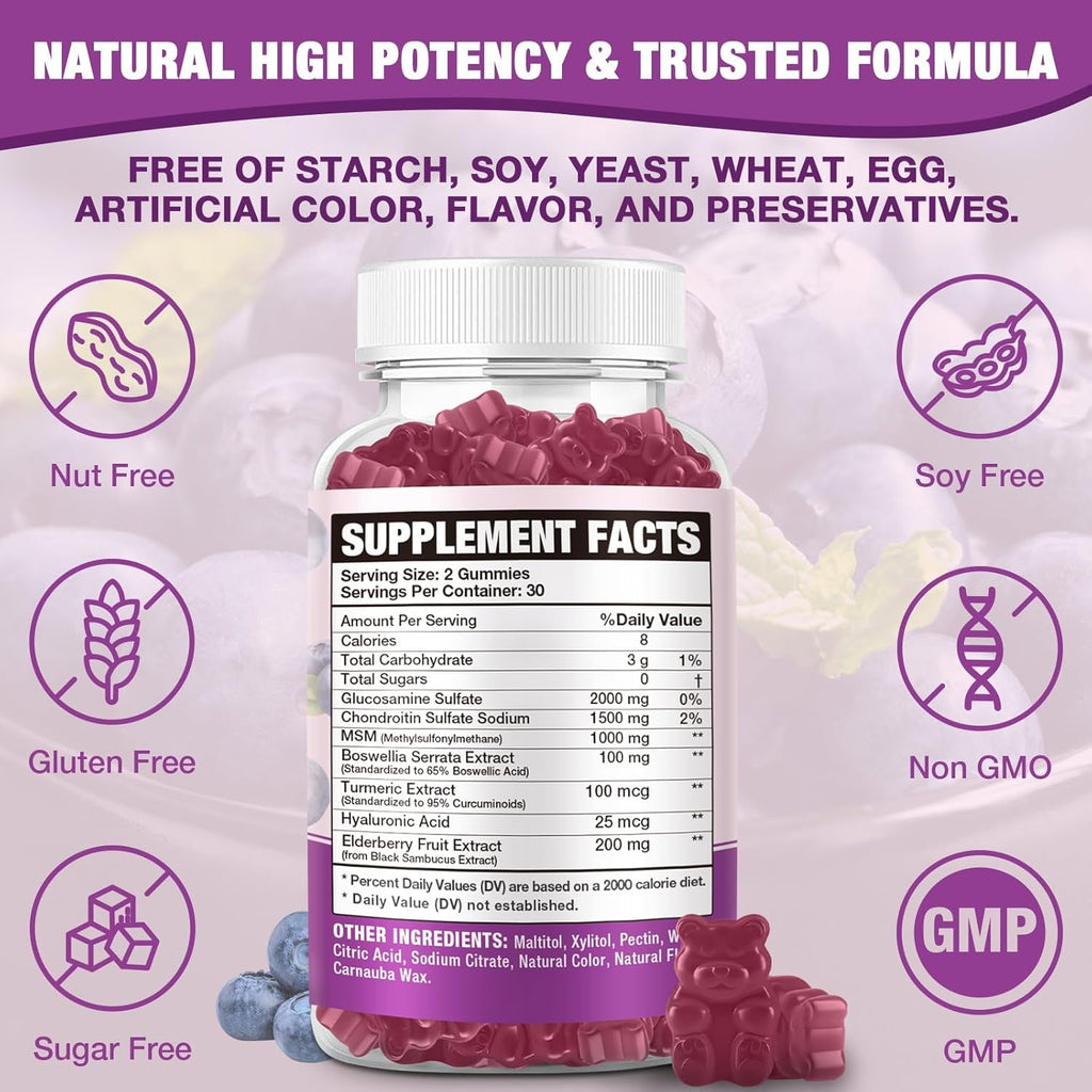 Sugar Free 2000Mg Glucosamine Chondroitin Gummies, Extra Strength Glucosamine with Chondroitin MSM & Turmeric, Joint Support Supplement, Antioxidant Immune Support - 60 Gummies