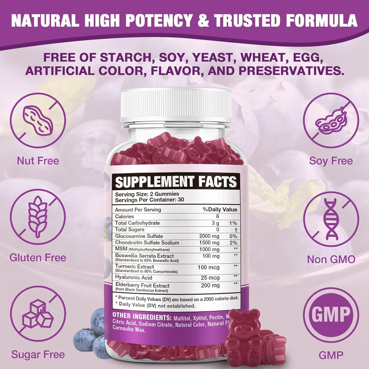 Sugar Free 2000Mg Glucosamine Chondroitin Gummies, Extra Strength Glucosamine with Chondroitin MSM & Turmeric, Joint Support Supplement, Antioxidant Immune Support - 60 Gummies