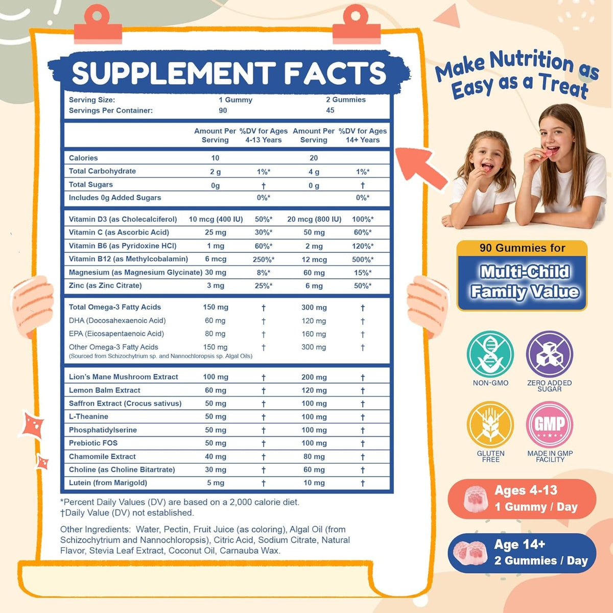 Kids Saffron Gummies: Mood Focus Support with Magnesium Glycinate, L-Theanine for Calm & Sleep, PS, Lion'S Mane, Choline Brain Support for School Concentration & Attention, Sugar Free, 90 Ct
