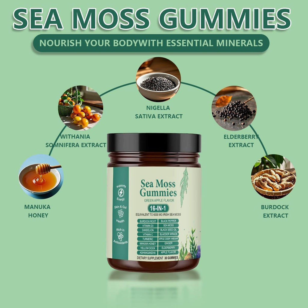 Sea Moss Gummies 16-In-1 with Black Seed Oil, Ashwagandha, 30 Servings, Irish Seamoss Gummies Boosts Immune Support, Wellness and Digestion
