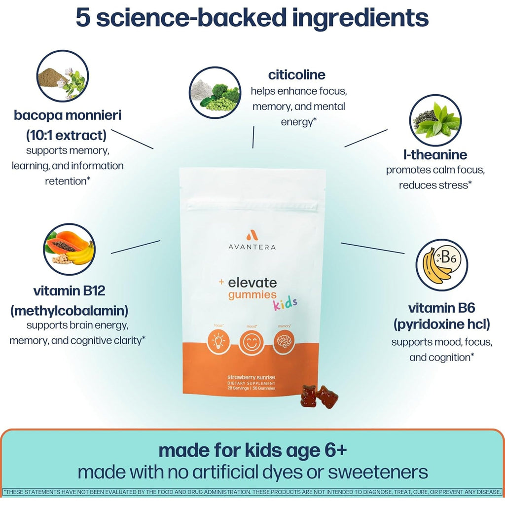 Avantera Elevate Kids Gummies - Best Focus Gummies for Memory & Brain Support - No Caffeine - Low Sugar - 56 Gummies for Ages 6+