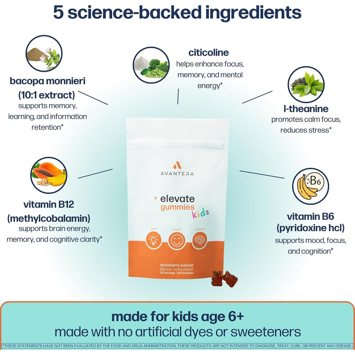Avantera Elevate Kids Gummies - Best Focus Gummies for Memory & Brain Support - No Caffeine - Low Sugar - 56 Gummies for Ages 6+