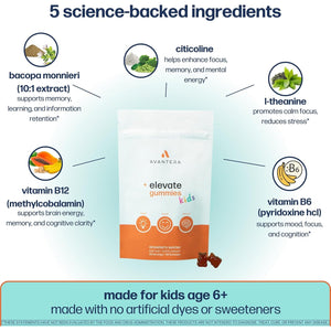 Avantera Elevate Kids Gummies - Best Focus Gummies for Memory & Brain Support - No Caffeine - Low Sugar - 56 Gummies for Ages 6+