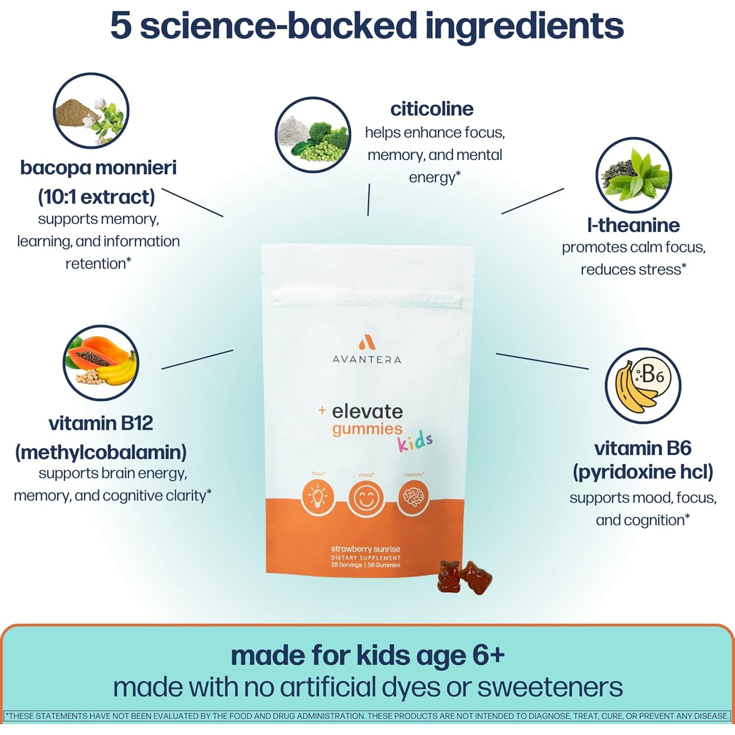 Avantera Elevate Kids Gummies - Best Focus Gummies for Memory & Brain Support - No Caffeine - Low Sugar - 56 Gummies for Ages 6+