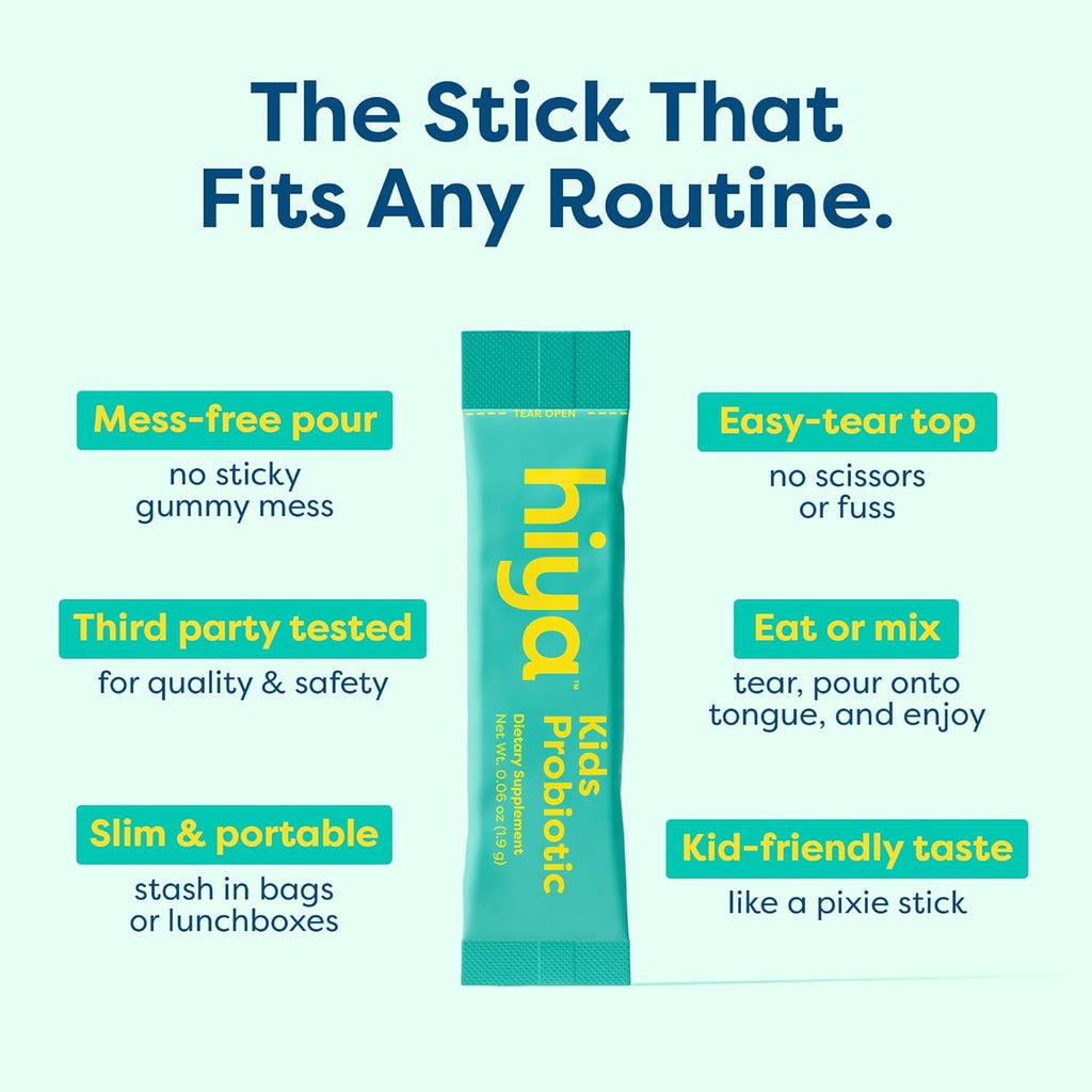 Hiya Kids Probiotic – 10 Billion CFU with Clinically-Studied Strains for Ages 2+, Supports Gut Health & Immune, 0G Sugar – 20 Stick Packs for Toddlers & Kids