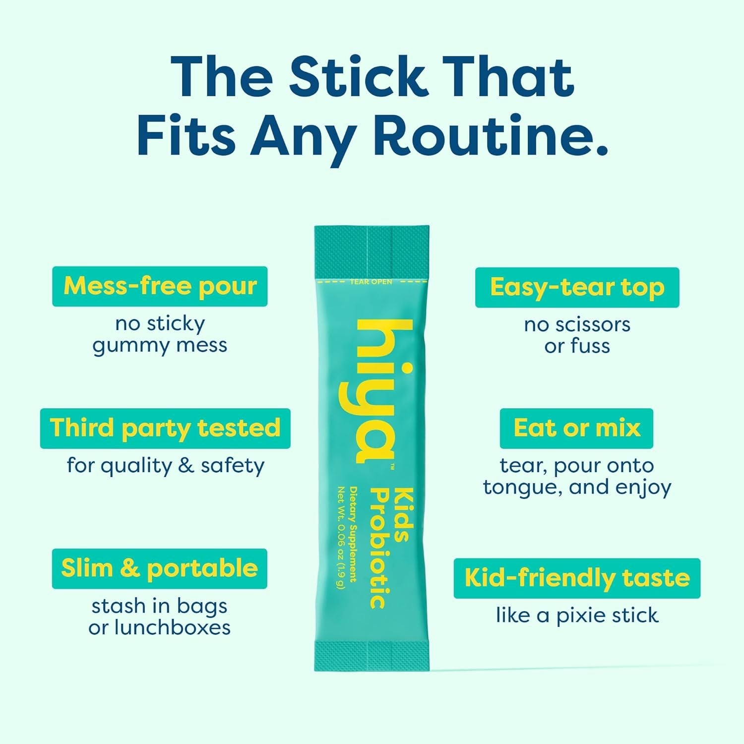 Hiya Kids Probiotic – 10 Billion CFU with Clinically-Studied Strains for Ages 2+, Supports Gut Health & Immune, 0G Sugar – 20 Stick Packs for Toddlers & Kids