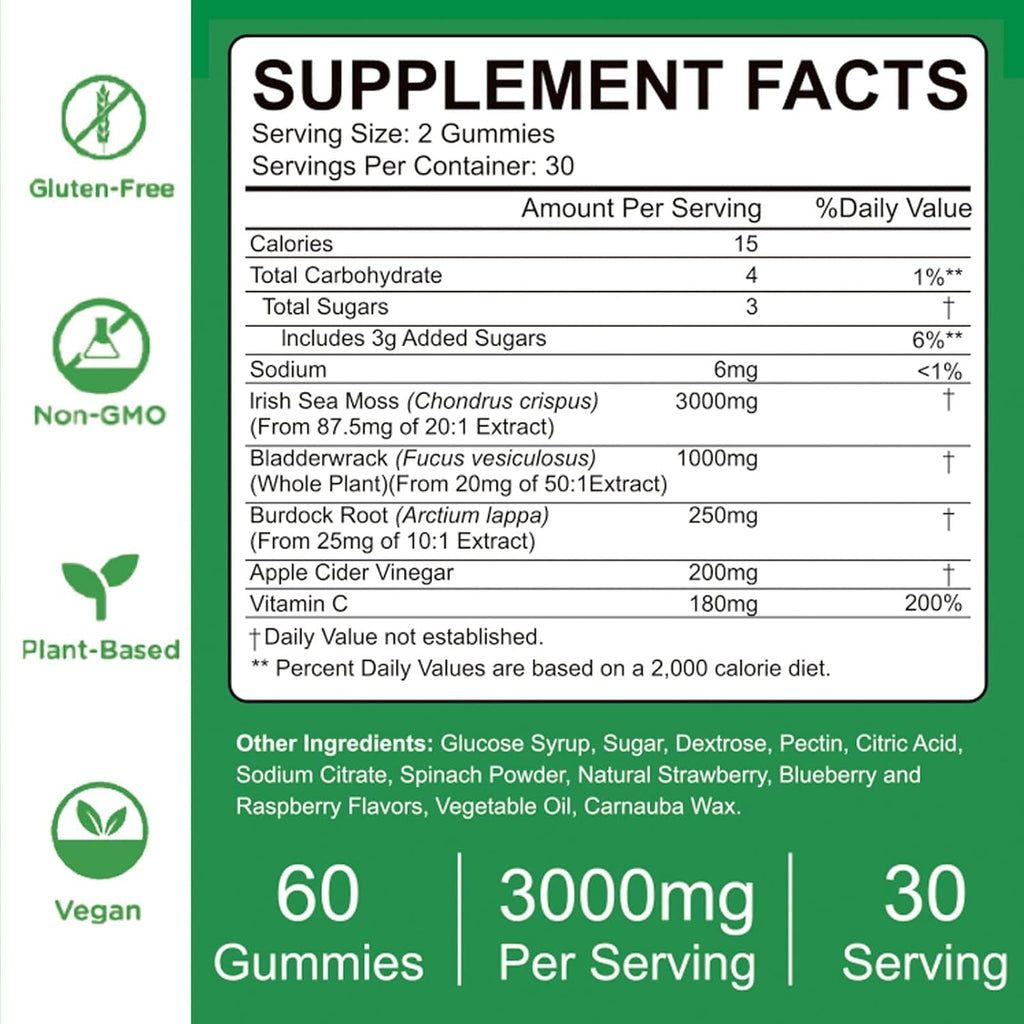 VIFSSG Sea Moss Gummies, 3000Mg Irish Seamoss Gummy Vegan for Adults & Kids with Organic Bladderwrack, Burdock Root and Apple Cider Vinegar Supplement 60 Gummies Pack of 1