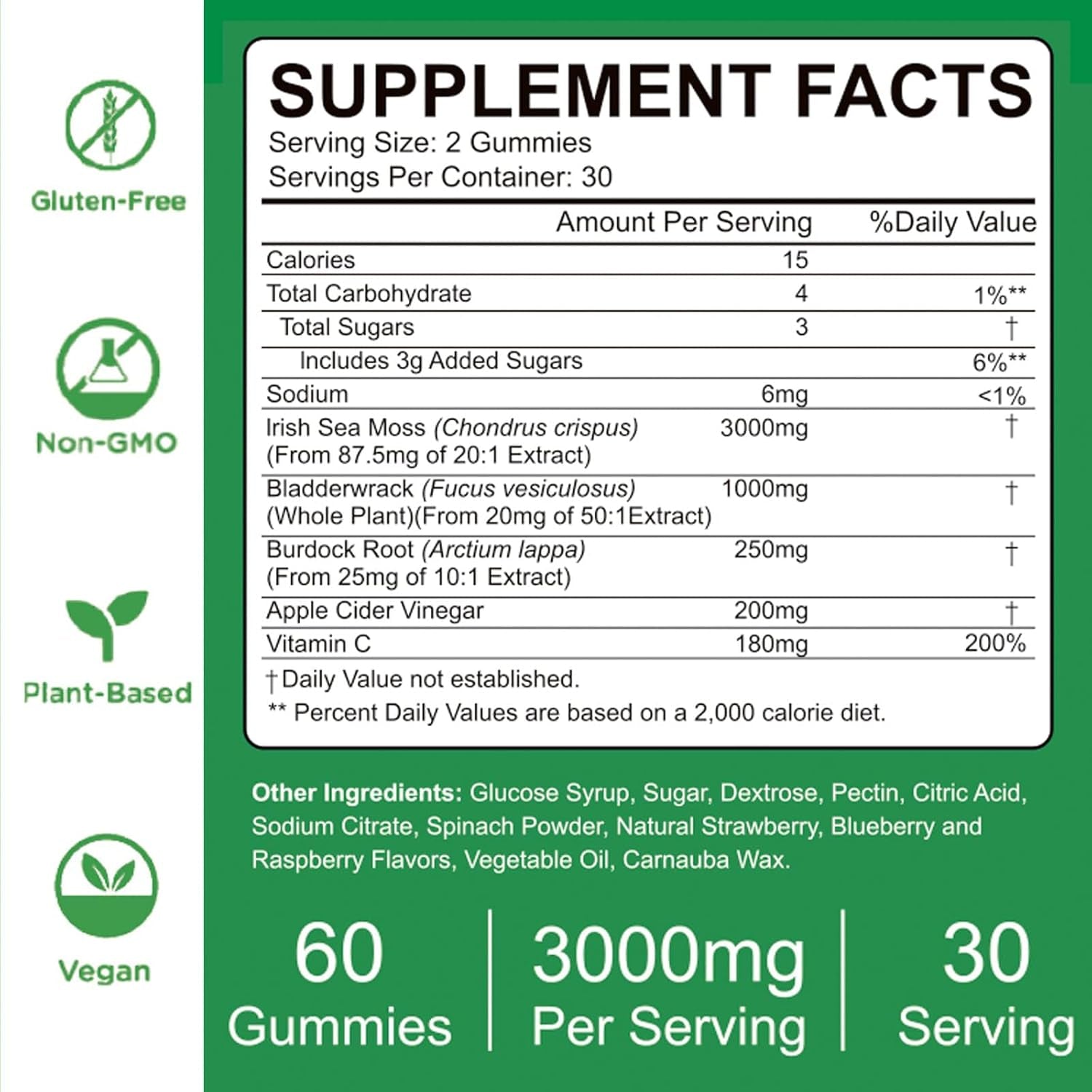 VIFSSG Sea Moss Gummies, 3000Mg Irish Seamoss Gummy Vegan for Adults & Kids with Organic Bladderwrack, Burdock Root and Apple Cider Vinegar Supplement 60 Gummies Pack of 1