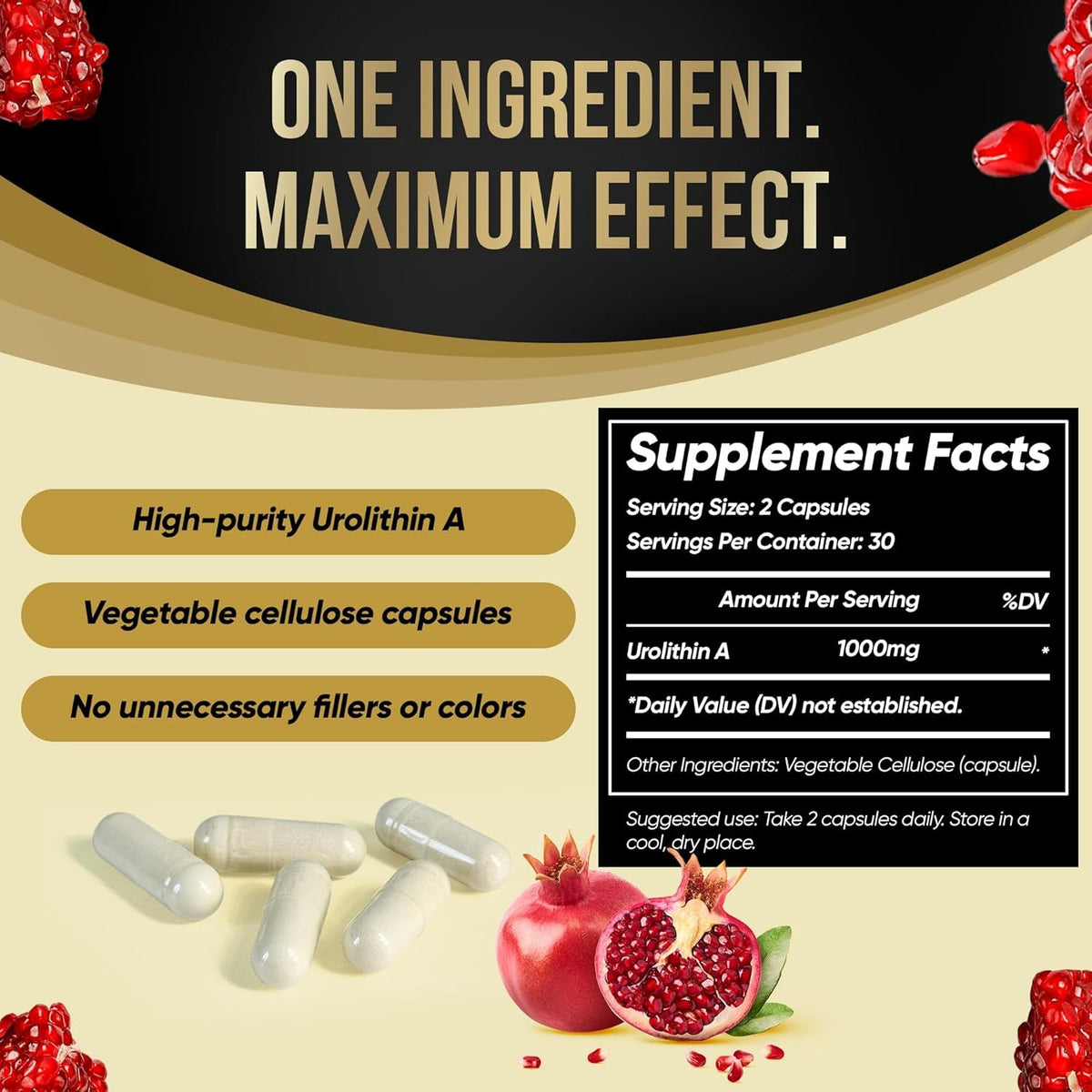 Urolithin a Capsules 500Mg - 1000Mg per Serving Mitochondrial Support Supplement for Cellular Renewal - Longevity Wellness Capsules - High Purity Urolithin a Supplement - 60 Caps