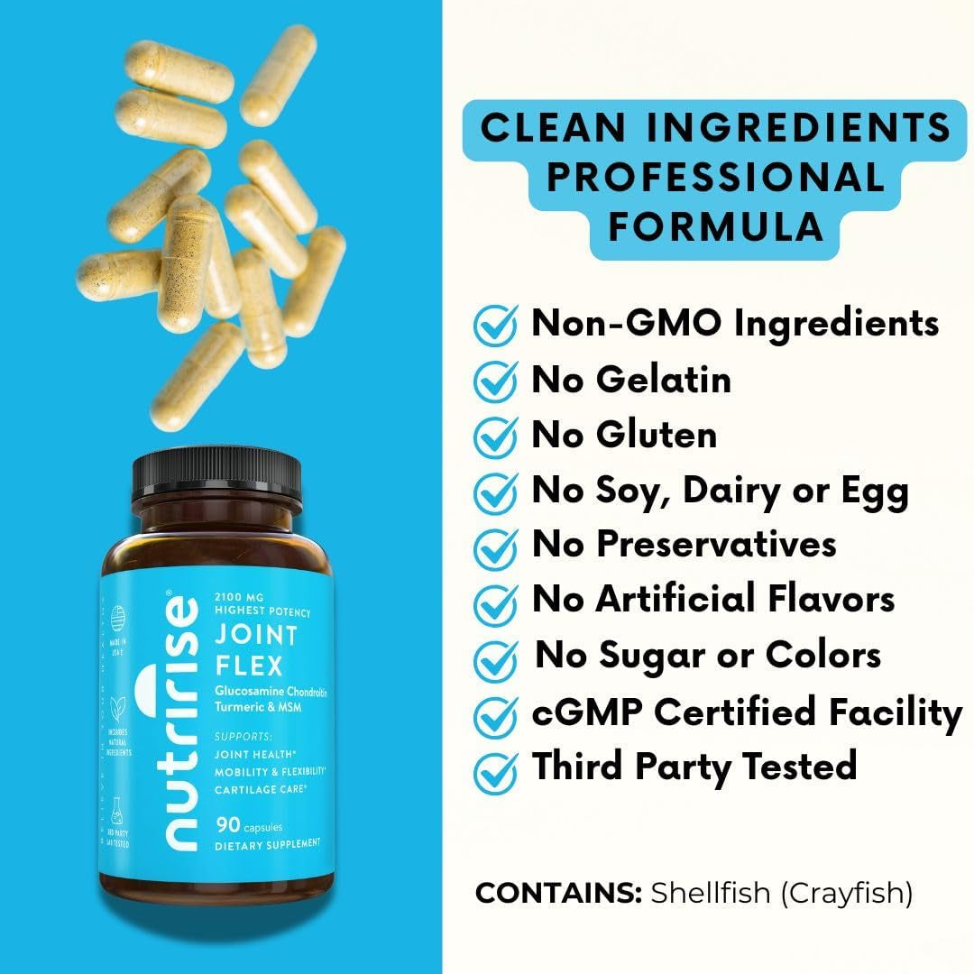 Nutririse Glucosamine Chondroitin Quercetin & MSM with Turmeric Curcumin 2100Mg Triple Strength Joint Support Supplement for Women & Men with Boswellia & Bromelain, Gluten Free, Non GMO, 90 Count