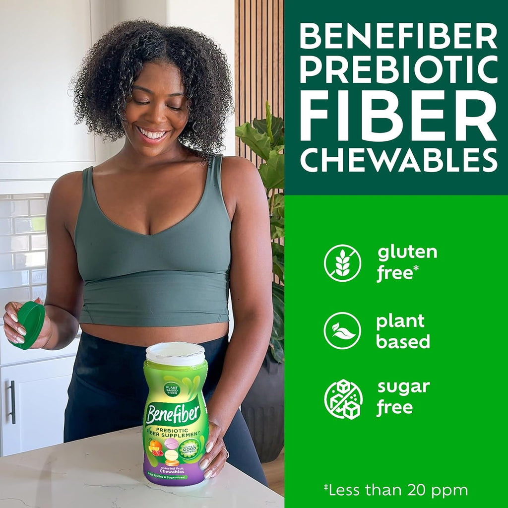 Benefiber Chewable Prebiotic GLP-1 Friendly Fiber Supplement Tablets for Digestive Health, Assorted Fruit Flavors - 100 Count