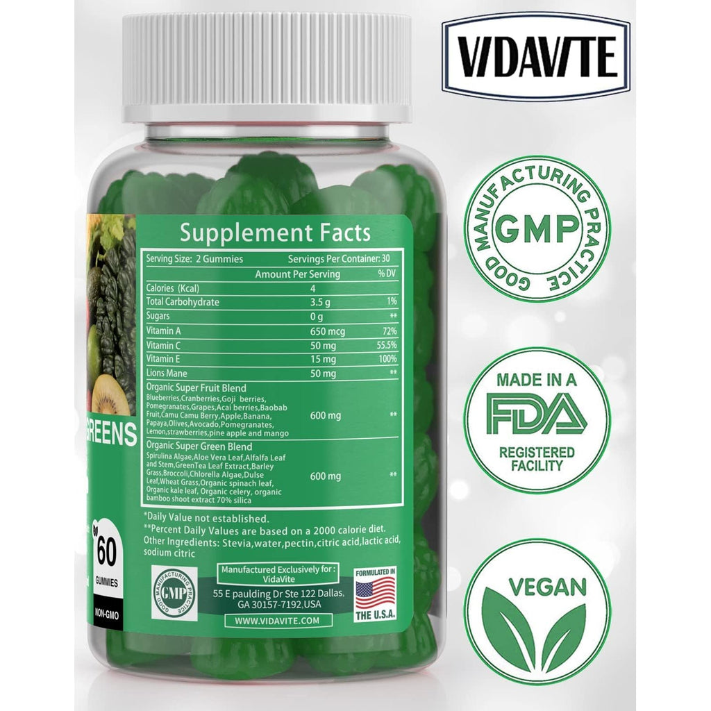 VIDAVITE Sugar-Free Super Greens Gummies — Us-Made, 35+ Fruit and Veggie Gummies to Boost Immunity, Skin & Gut Health — Ideal Fruits and Vegetables Supplement for Adults & Picky Teens (30-Days Supply)