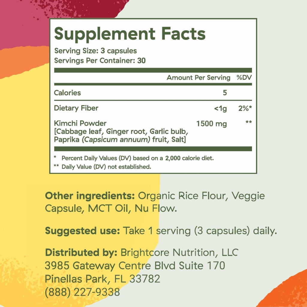 Brightcore Nutrition - Kimchi One, Kimchi Powder Capsules, Probiotics, Enzymes, & Antioxidant Supplement, Premium Gut Health Superfood for Overall Well Being, Gluten-Free, 90 Vegan Capsules