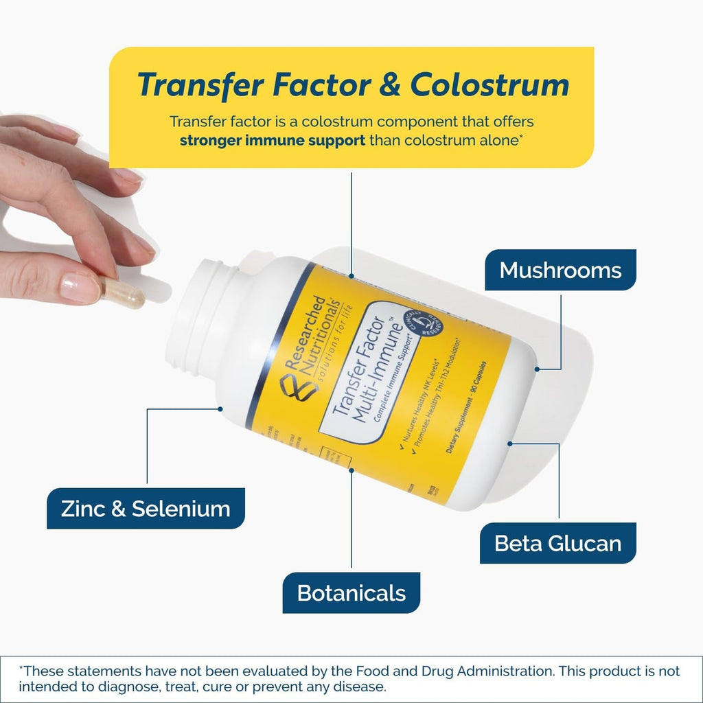 Transfer Factor Multi-Immune Support Supplement - Clinically Researched Immune Support Formula with Colostrum, Mushrooms, Green Tea, and IP-6 - Promotes Healthy NK Cell & T-Cell Function, 90 Capsules