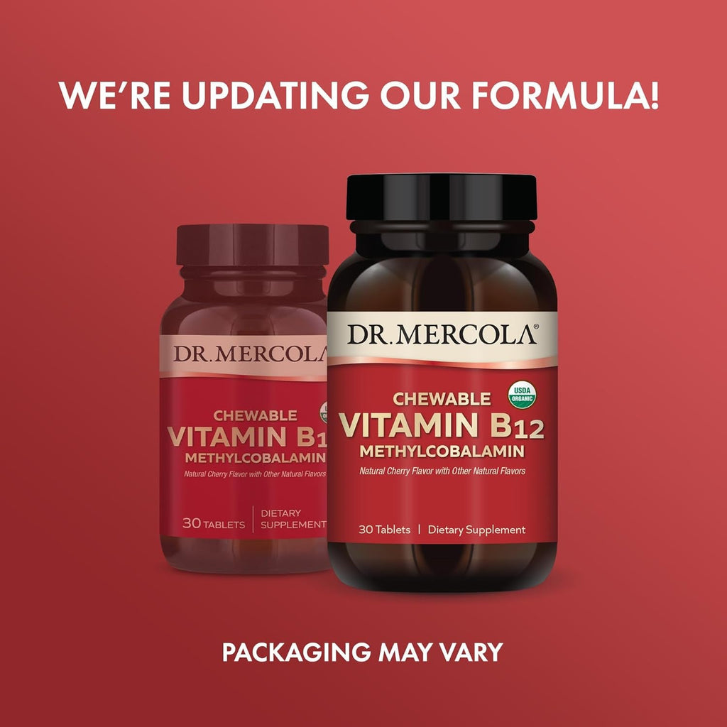 Dr. Mercola Organic Chewable Vitamin B12 Dietary Supplements, 30 Servings (30 Tablets), Natural Cherry Flavor with Other Natural Flavors, Non GMO, Gluten Free, Soy Free, USDA Organic