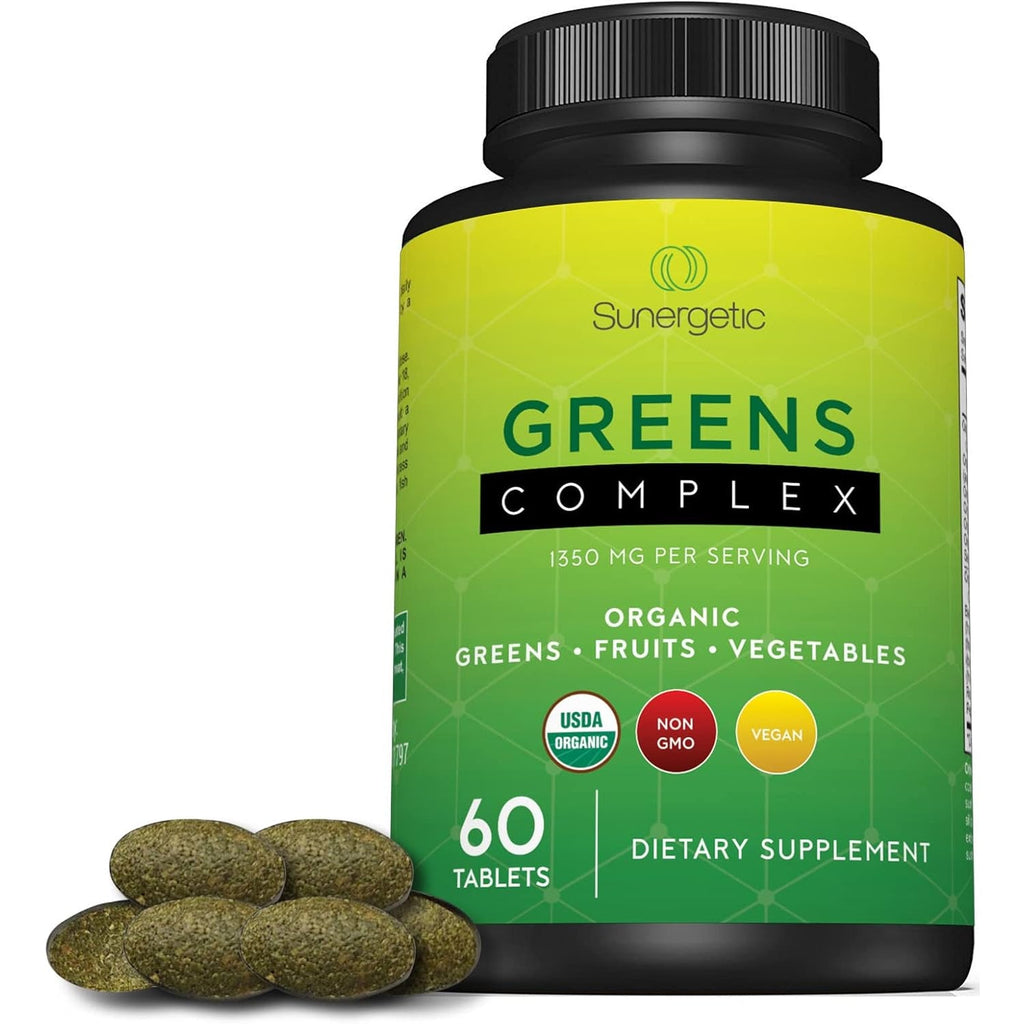 Sunergetic Premium USDA Organic Greens Superfood Tablets – Greens Superfood Powder Includes Veggies, Fruits & Polyphenols – Daily Greens Superfood Powder Supplement– 60 Greens Tablets