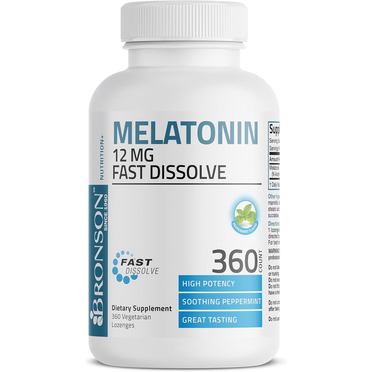 Bronson Melatonin 12Mg Fast Dissolve Nighttime Sleep Aid Support & Relaxation Support, 360 Peppermint Vegetarian Lozenges