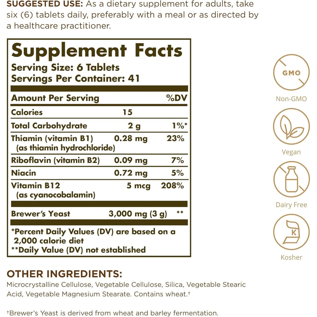 Solgar Brewer'S Yeast 7 ½ Grains with Vitamin B12 - 250 Tablets - Non-Gmo, Vegan, Dairy Free, Kosher - 41 Servings