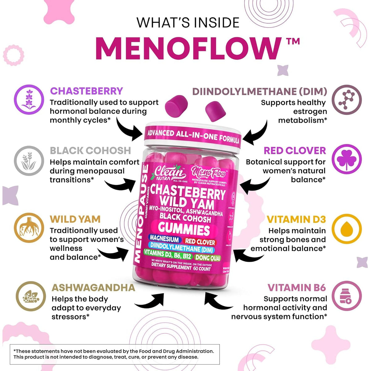 Clean Nutra Menopause Supplements for Women Chastberry Wild Yam Gummies Inositol Black Cohosh Magnesium Red Clover DIM Supplement B6 Magnesium Glycinate Glycine Vitex Hormone Balance Gummy Vitamins