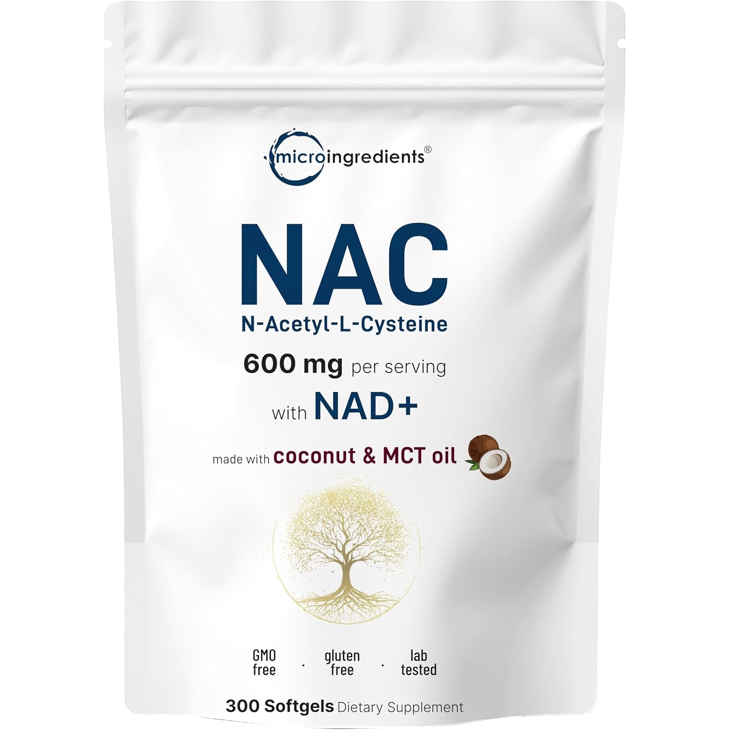 Micro Ingredients NAC Supplement 600Mg with NAD+ & Coconut Oil, 300 Softgels | 2-In-1 N Acetyl L Cysteine plus Nicotinamide Forms | NAD Supplements for Women & Men | Non-Gmo, Gluten Free