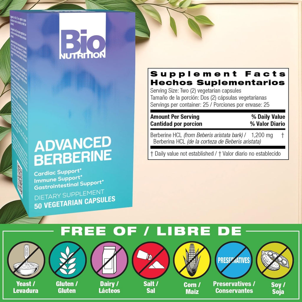 Bio Nutrition Advanced Berberine 50 Vegetarian Capsules | 1,200 Mg Berberine per Serving | Herbal Wellness Support | Vegetarian Formula