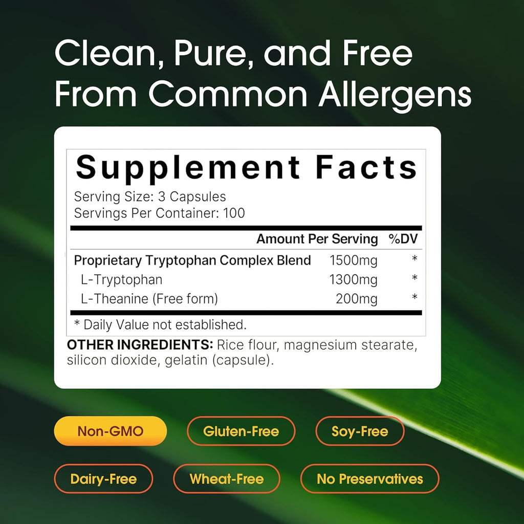 Naturebell L-Tryptophan Complex - 300 Capsules - Triple Strength 1,300Mg L-Tryptophan with 200Mg Free-Form L-Theanine - Calming Support Formula for Relaxation & Wellness*