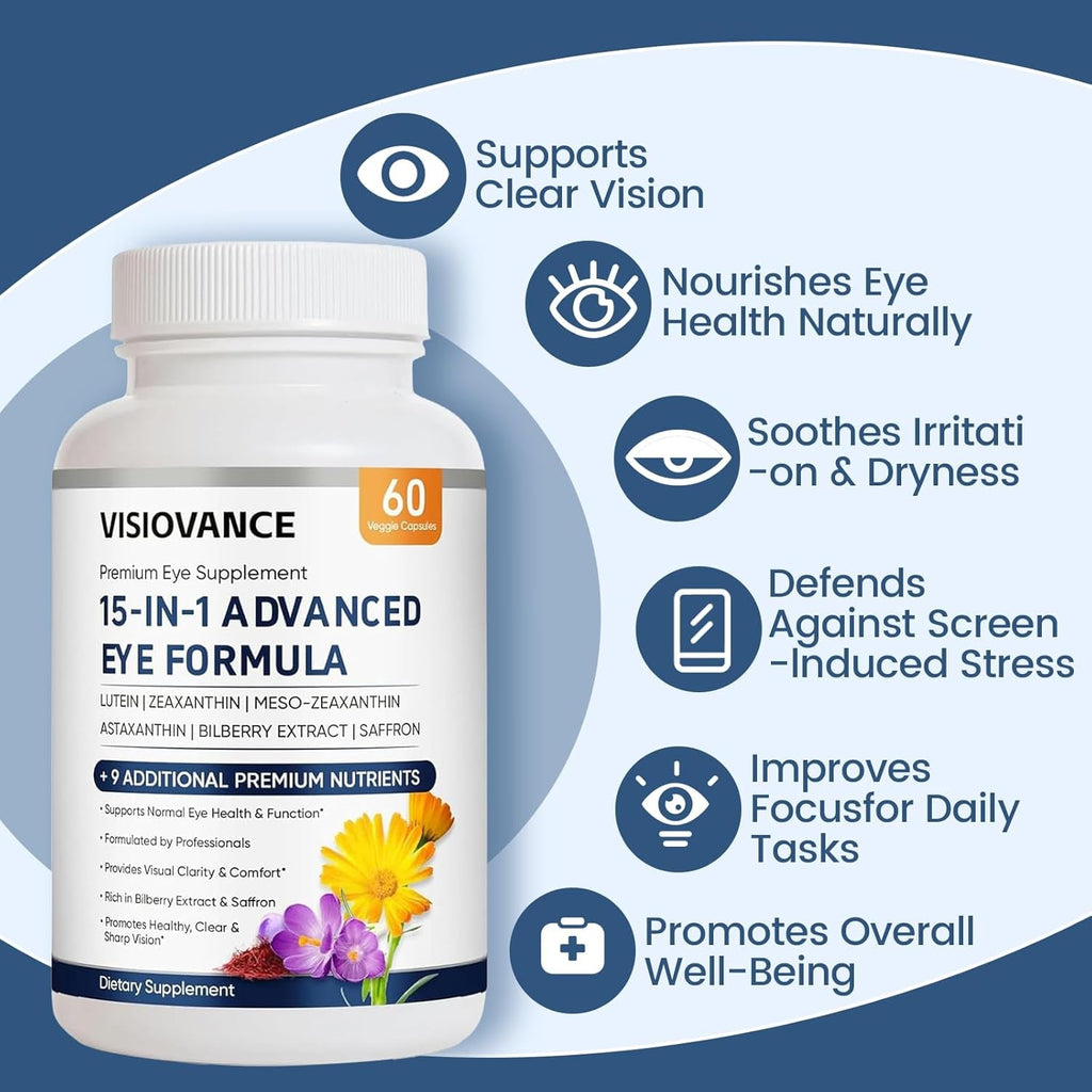 Visiovance 15 in 1 Advanced Eye Formula, Eye Vitamin and Mineral Supplement with Lutein, Zinc, Luteolin, Zeaxanthin & Bilberry Extract, 60 Count (1)