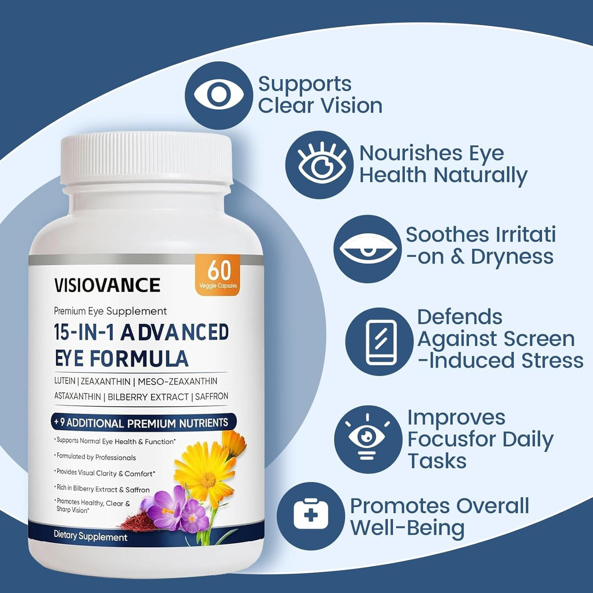 Visiovance 15 in 1 Advanced Eye Formula, Eye Vitamin and Mineral Supplement with Lutein, Zinc, Luteolin, Zeaxanthin & Bilberry Extract, 60 Count (1)