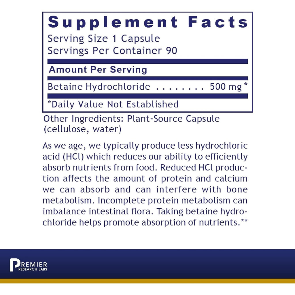 Premier Research Labs Premier HCL - Betaine HCL, Betaine Hydrochloride Supplement for Optimal Digestive Function, Nutrient Absorption, Betaine-Hcl for Low Stomach Acid- 90 Vegetarian Capsules