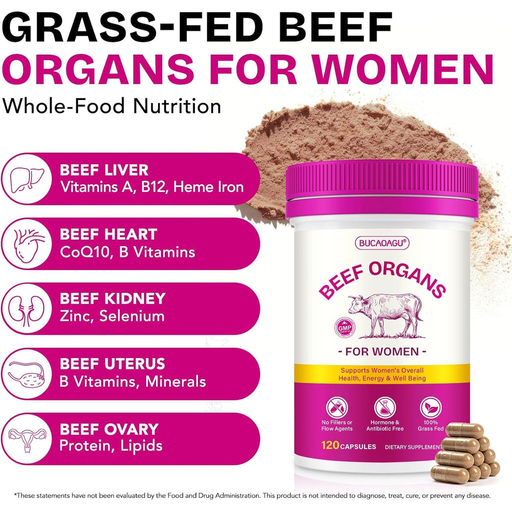 Beef Organ Supplement for Women - Grass-Fed Beef Liver, Kidney, Heart, Uterus, Ovary - Supports Female Energy & Hormone Balance - Pasture Raised in New Zealand - Iron, B12 & Coq10 - 120 Capsules