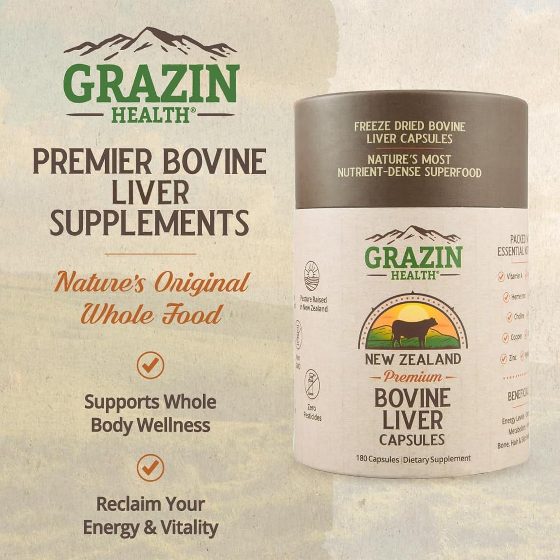 Grass Fed Beef Liver from New Zealand - Freeze Dried 3000Mg per Serving (500Mg per Capsule) (30 Servings)