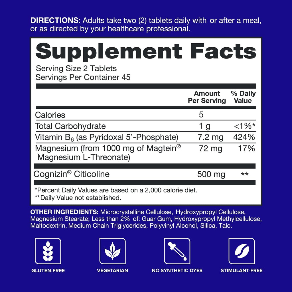 Qunol Brain Health Memory plus with B6, Magnesium L-Threonate & Citicoline, Clinically Tested Ingredients to Improve Memory, Focus, Attention and Productivity, 90 Count