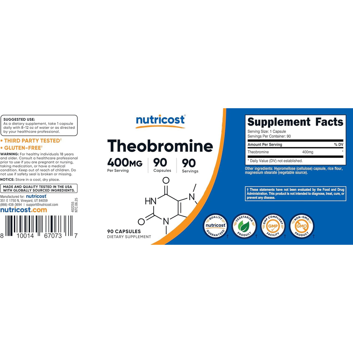 Nutricost Theobromine 400Mg, 90 Vegetarian Capsules - Gluten Free, Non-Gmo