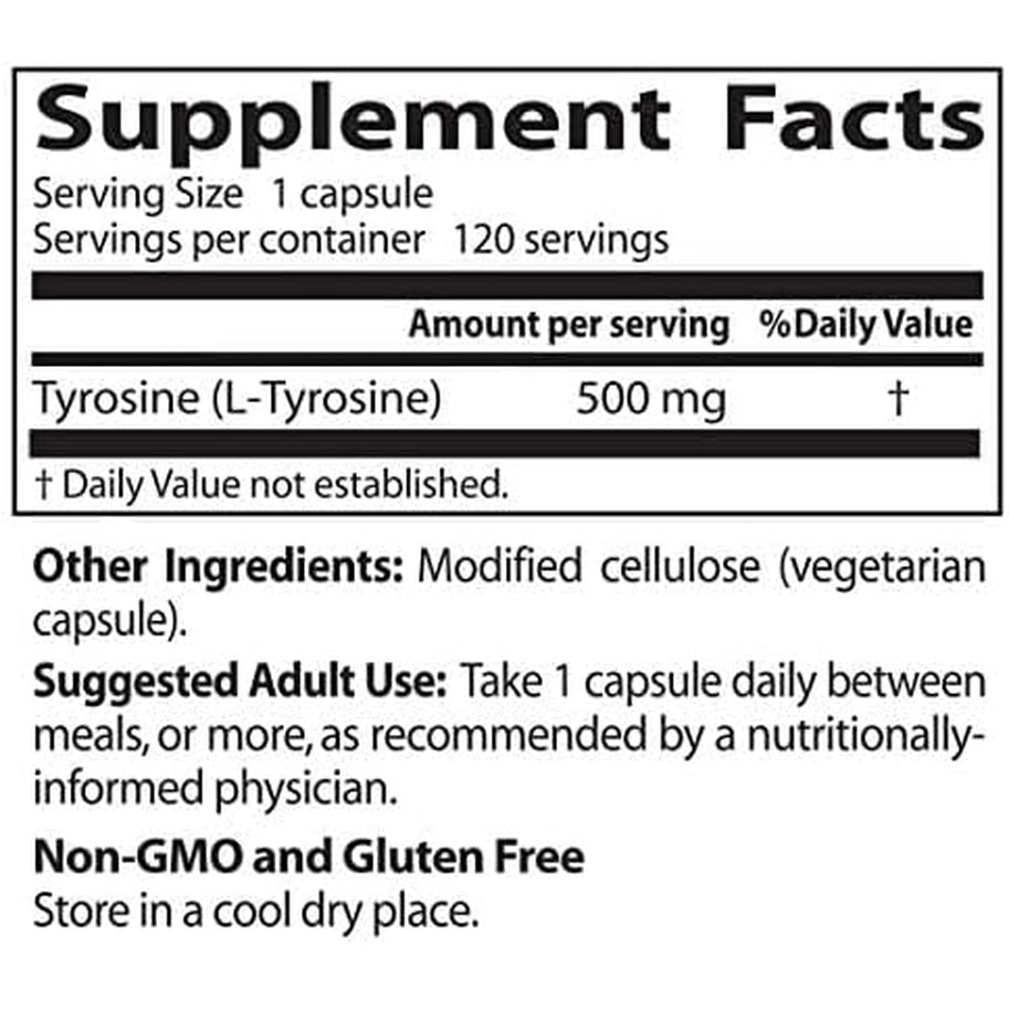 Doctors Best L Tyrosine Supplement for Men & Women - L-Tyrosine 500Mg Capsules, Brain Support for Adults, Amino Acid Support 500 Mg, Precursor for Thyroxine Production by Thyroid - 120 Veg Caps