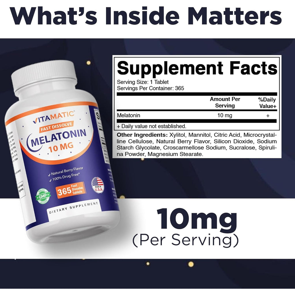Vitamatic Melatonin 10 Mg Fast Dissolve Tablets – Quick-Dissolving Sleep Support Supplement for Adults – Vegetarian, Non-Gmo & Gluten-Free – Natural Berry Flavor – 365 Tablets