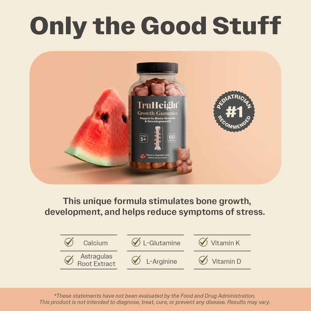 Truheight Growth Gummies (Watermelon) Tall Nutrition for Natural Growth Supplement for Kids & Teens - Vitamin D, K, Calcium & Ashwagandha, Bone Strength Vitamins D3 K2, Picky Eater, Taller Ages 5+