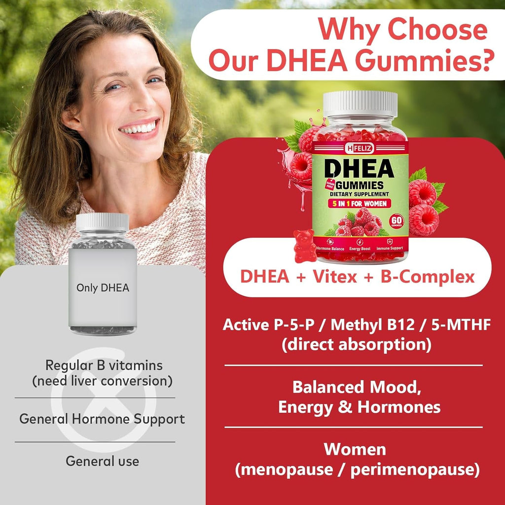 DHEA Supplement for Women, DHEA 25Mg Gummies with B6, B12, Folate and Chasteberry for Energy Support, Vegan, Raspberry Flavor, 60 Count