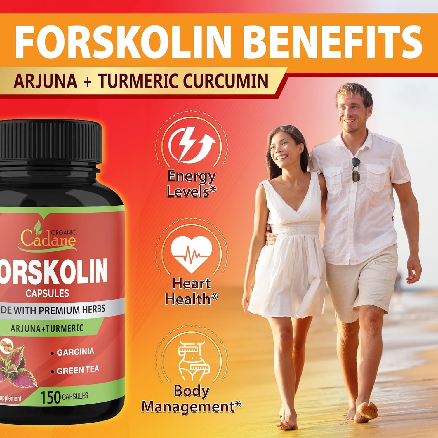 Cadane Forskolin Supplements - 5In1 with Turmeric Curcumin, Arjuna, Garcinia Cambogia, and Green Tea - 5 Month Supply - 150 Capsules