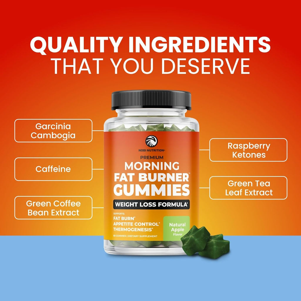Morning Fat Burner Gummies | Weight Loss for Women & Men | Appetite Suppressant & Metabolism Booster | Thermogenic Belly Fat Burner with Green Tea, Garcinia, Green Coffee Bean & More | 60 Gummies