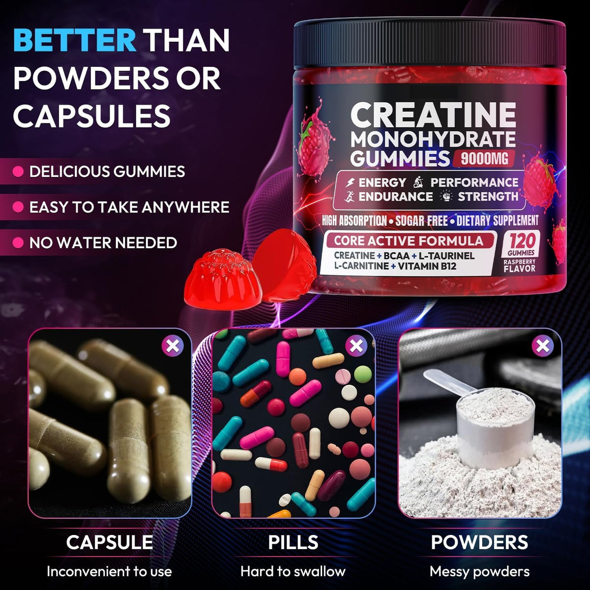 Creatine Gummies Monohydrate Complex, Pre-Workout for Men & Women, Creatine Gummy with L-Taurine, BCAA 2:1, B12/6 for Muscle Support, Enhance Strength, Energy Boost-120 Count