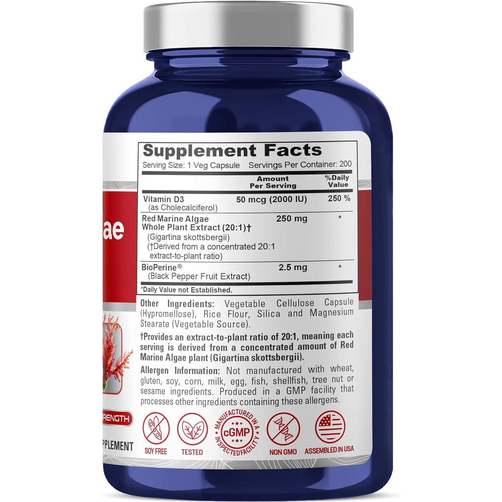 Nusapure Red Marine Algae Capsules, 250 Mg, 200 Veg Capsules (Soy Free, Non-Gmo)