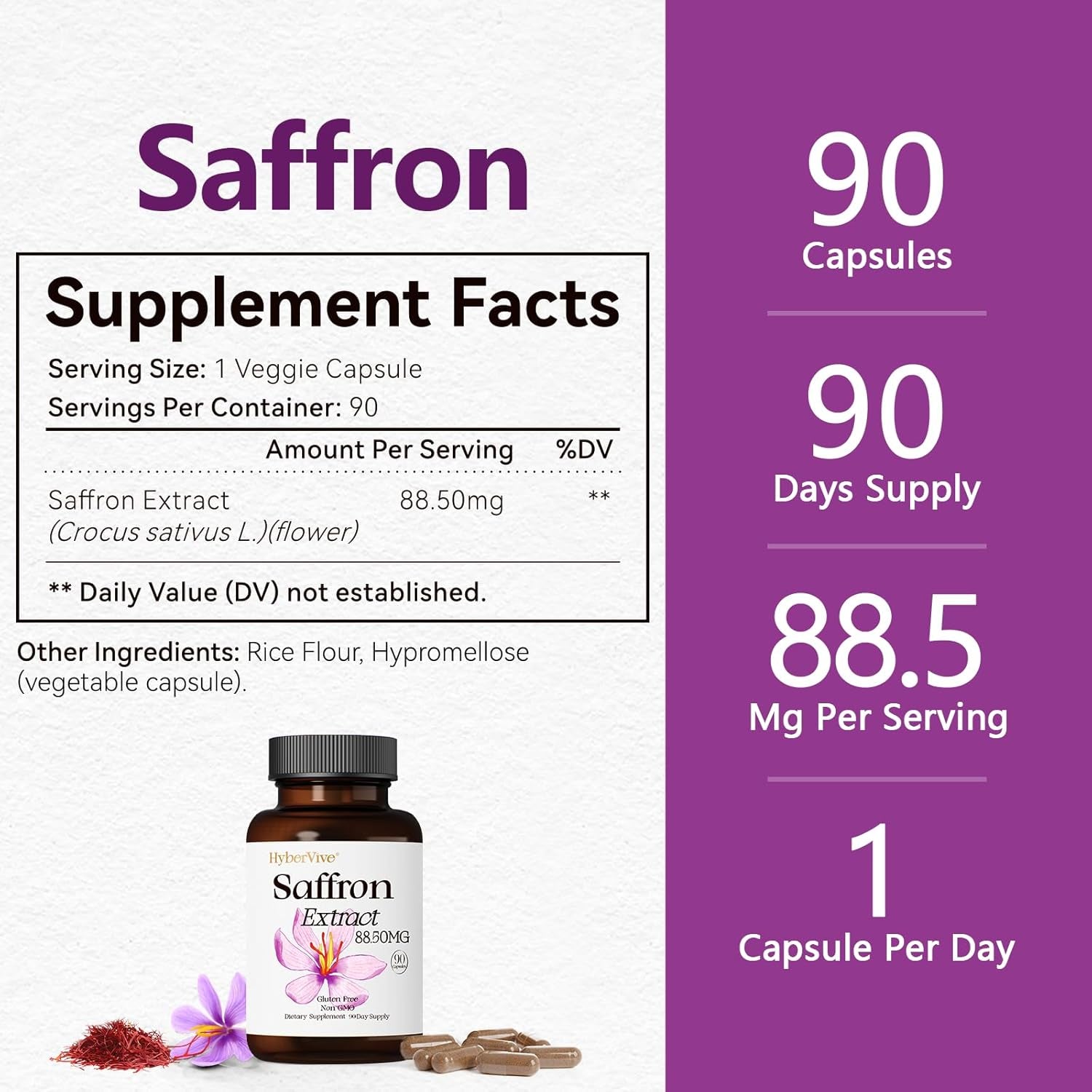 Saffron Supplements 88.5MG | 90 Vegan Capsules, Happy Saffron Extract for Mood Energy Eye Focus Support for Women & Men, 100% Pure Ingredients, Made in USA, Non-Gmo & Gluten-Free