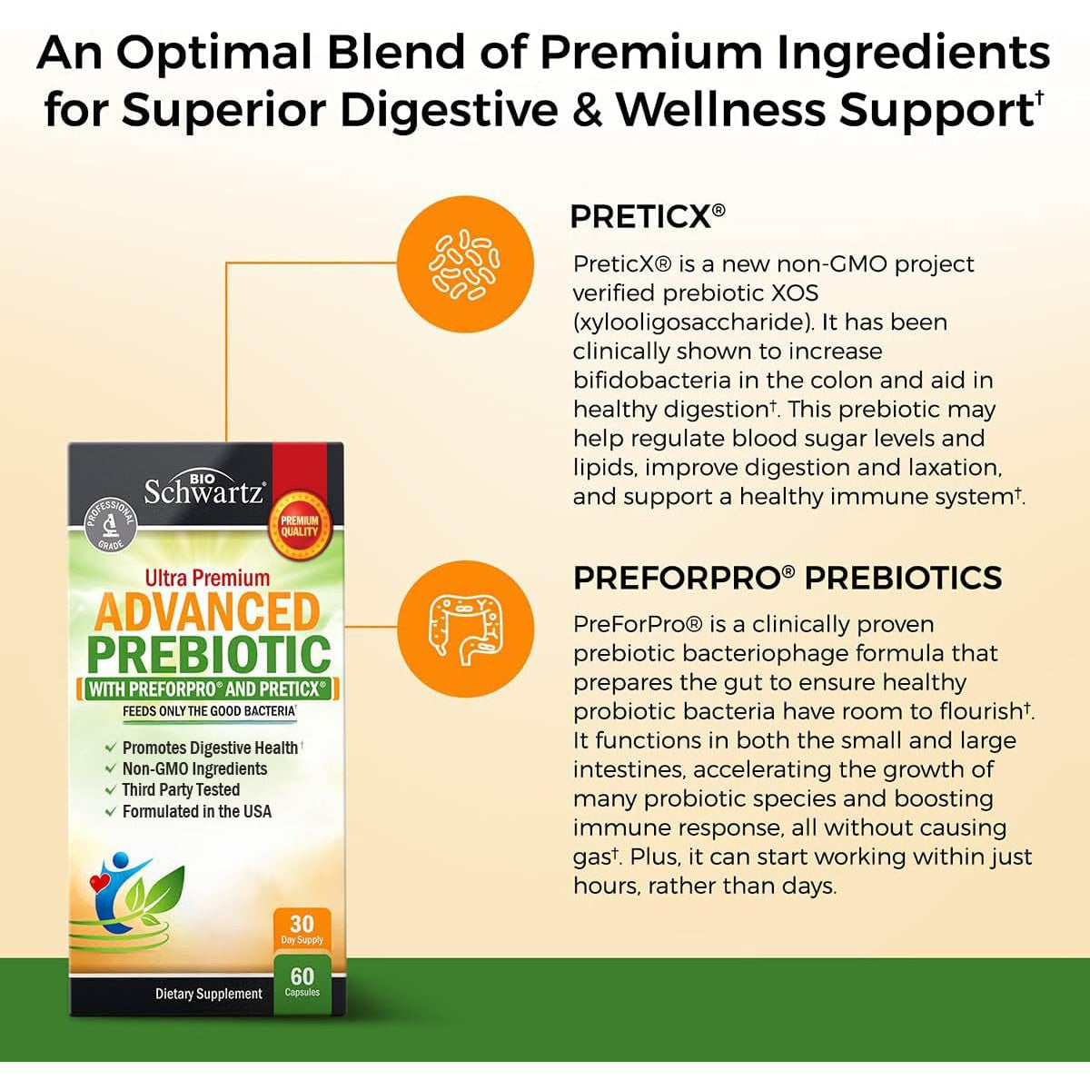 Advanced Prebiotics for Digestive Health - Fast Acting Gut Health Supplement with Clinically Validated Prebiotics for Women & Men for Healthy Gut Flora Bloating & Immune Support - 1 Month Supply