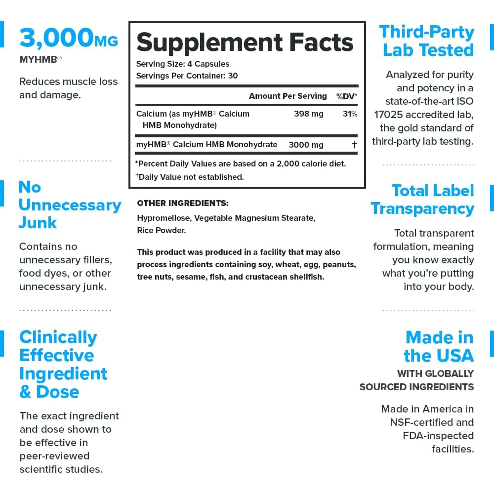 HMB Supplements for Men & Women – 3000Mg Myhmb® Beta-Hydroxy Beta-Methylbutyrate Capsules – Muscle Defense, Leucine Metabolism, Strength Support – Clinically Studied, Third-Party Tested, 30 Servings